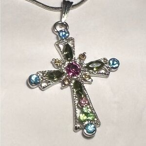 Fashion Jewelry Silver-Tone Cross Pendant Necklace with Pink and Blue Stones